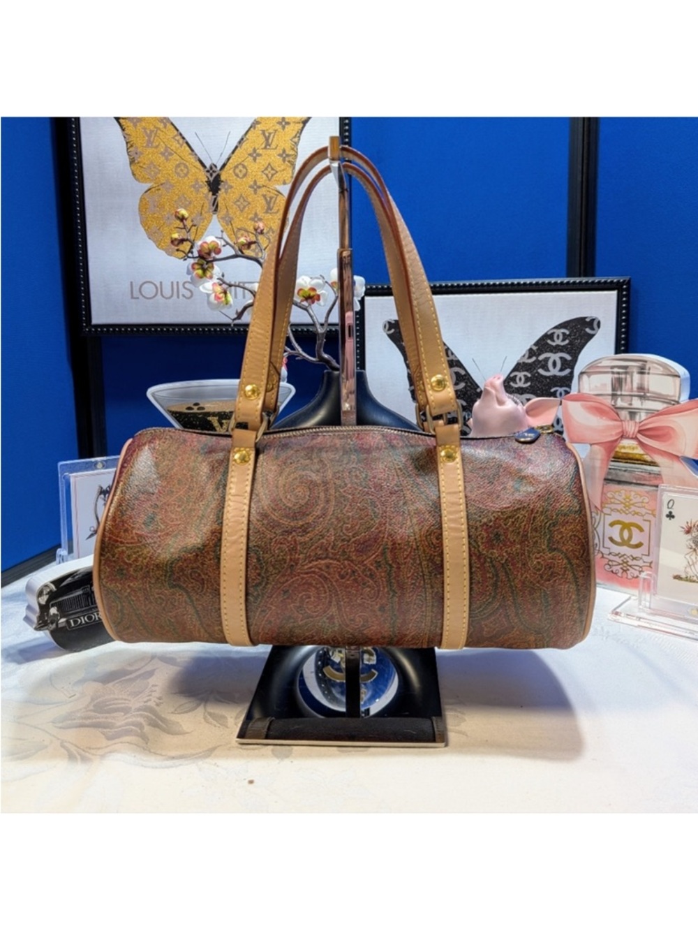 ETRO Milano- Leather-Trim Paisley Barrel Bag in Brown -